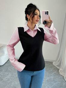 Elenzga Women's Casual Contrast Striped Long Sleeve Regular Top, Autumn - Baby Pink - View 6