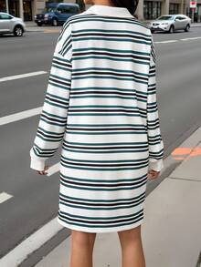 SHEIN 孕妇休闲宽松条纹V领长袖连衣裙 - 綠色 - 查看 8