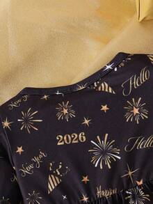 SHEIN 女婴烟花印花长袖休闲舒适假日套装，时尚2026新年设计 - 黑色 - 查看 6