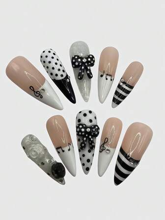 Kawaii Süße romantische Herz-Ballerina-Stil Schleifen mit weißen Flügeln, Metall-Musiknote, rosa Serie, handgefertigte Falschnägel, Massenproduktion für energiegeladene Mädchen, geeignet für tägliche Ausflüge und Dates