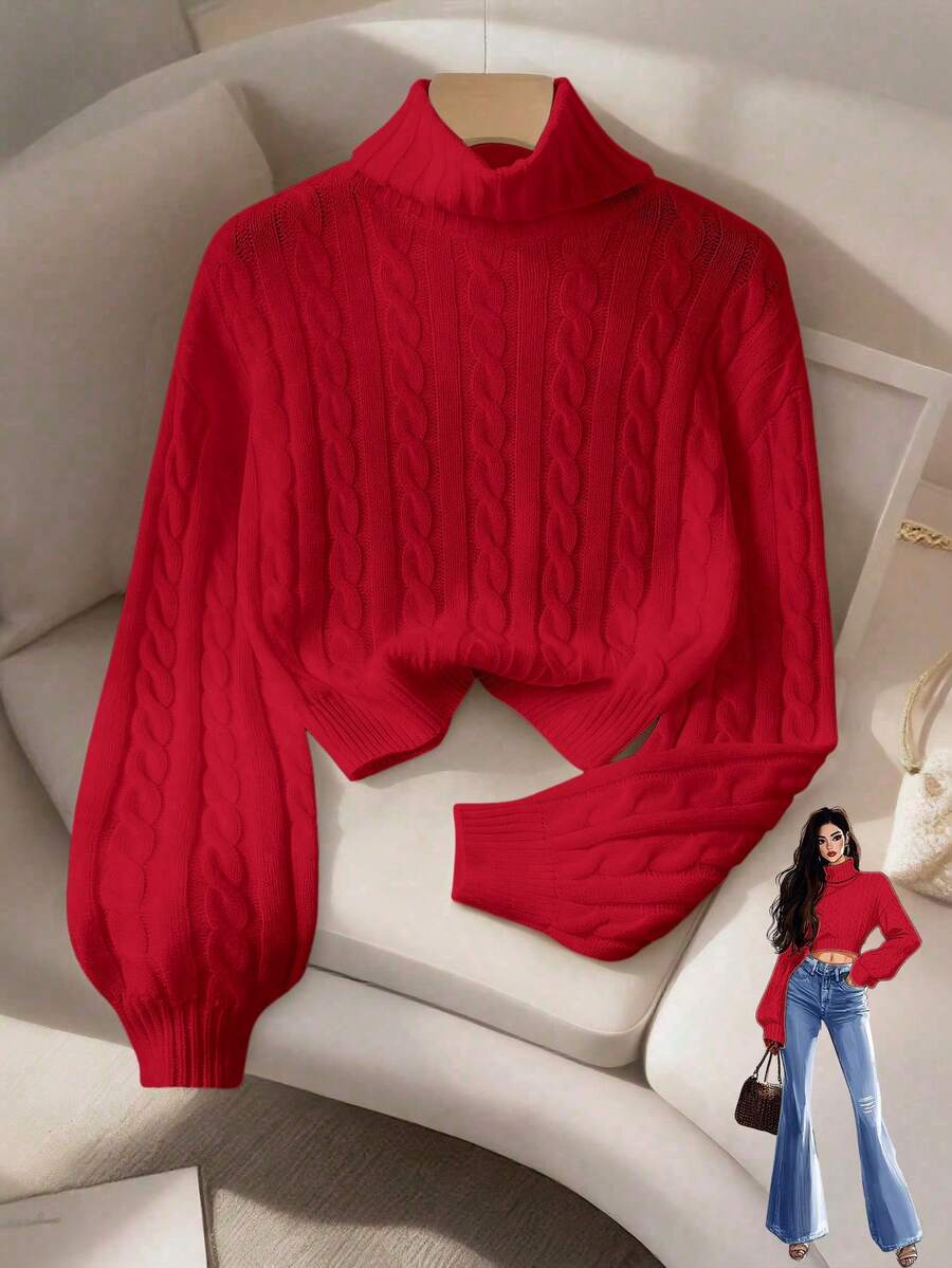 SHEIN Franclia 女士休闲时尚简约百搭通勤修身翻领灯笼袖扭结针织毛衣，秋冬款 - 紅色 - 查看 1