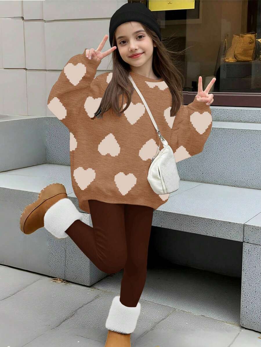 2 件套青少年女孩休闲圆领像素心形印花长袖运动衫和紧身裤套装，适合秋冬季 - 彩色 - 查看 1