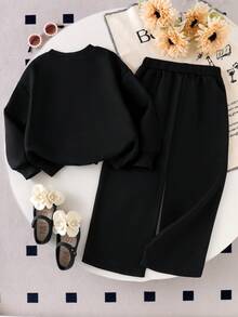 Genkimix Kids 2 pièces Ensemble Sweat-shirt-shirt et pantalon élégant à manches longues en tricot, motif floral noir et blanc, pour jeunes filles. Tenue haut de gamme pour enfants, printemps/automne - Noir - Voir 2