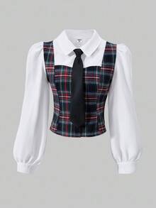 SHEIN ChillGRL Streecool 儿童/青少年复古格子拼布二合一短款长袖 Y2K 衬衫配领带，适合所有季节的休闲通勤穿着 - 彩色 - 查看 5