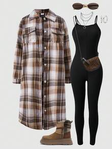 SHEIN ChillGRL 2 件套青少年女孩 ME 宽松休闲格子翻领长衬衫 + 时尚吊带连体裤套装，适合日常、通勤、休闲、度假、与朋友聚会、街拍 - 棕色 - 查看 3