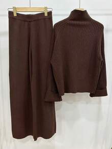 SHEIN Unity 2pcs Apricot Women Knit Sweater Set, Ribbed Texture Cream Color Pullover & Pants Casual Minimalist Outfit - Coffee Brown - View 2