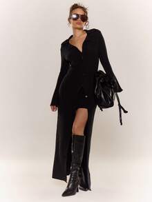 MUSERA Longline Fine Knit Button Down Split Back Cardigan And Mini Skirt Set Cute Classy Casual Streetwear Sexy Going Out Fall Autumn Toffee - Black - View 3