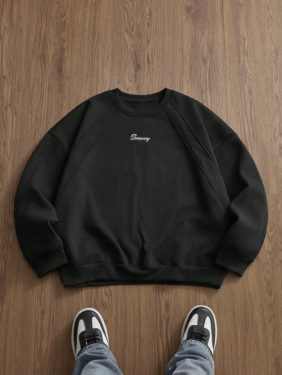 SWAVVY 男士休闲印花拼接圆领卫衣，黑色，常规版型，春秋季 - 黑色 - 查看 1