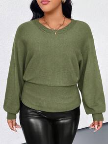 Elenzga Plus Size Casual Solid Color Batwing Sleeve Sweater, Autumn/Winter - Green - View 3