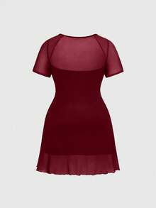 ROMWE Váy bó sát cơ thể phong cách Gothic tối màu lãng mạn cổ điển cỡ lớn - Màu Đỏ Sâu - Xem 2