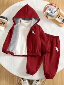 SHEIN 两件套男婴保暖连帽外套（动物印花）和休闲运动裤套装，适合冬季穿着 - 酒紅色 - 查看 1