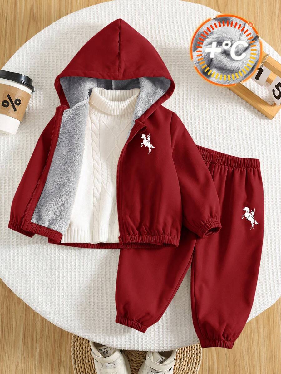 SHEIN 两件套男婴保暖连帽外套（动物印花）和休闲运动裤套装，适合冬季穿着 - 酒紅色 - 查看 1
