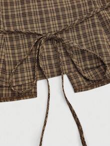 Sweetra Chemise à manches longues pour femmes grandes tailles, nouvelle mode casual/travail, à carreaux café, avec ceinture et froncée devant. Convient pour le printemps/automne