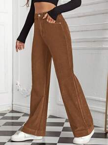 SHEIN EZwear Women's Casual Everyday Commute Solid Color Corduroy Straight Leg Pants - Coffee Brown - View 3