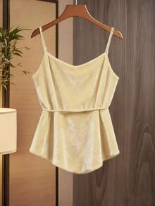 GlowEve 女士纯色侧打结时尚吊带天鹅绒背心 - 杏色 - 查看 2