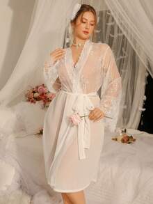 DelicateAllure White,Summer,Elegant,Wedding Guest Mesh Robe,Bridal Boudoir Lace Patchwork Sheer Nightgown Set,Charming Valentine's Day Plus Size Bride Sleepwear - White - View 4