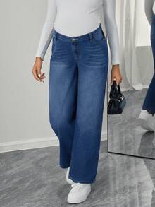 Momance Maternity Casual Washed Low-Waist Straight Leg Jeans - Blue - View 3