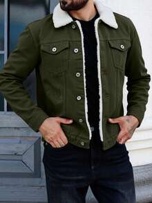 SHEIN Cottnline Men's Fleece Lined Denim Jacket With Patched Collar - Khaki - View 3