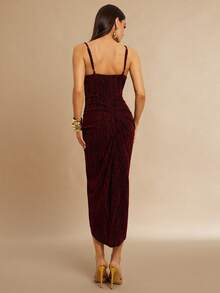 Silquee 女士优雅高开衩吊带派对连衣裙 - 紅色 - 查看 3