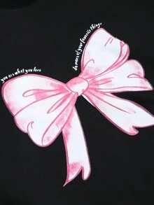 SHEIN Explorewe 2 件 Tween Girl 休闲蝴蝶结印花运动衫和刺绣直筒牛仔裤套装 - 黑色 - 查看 5