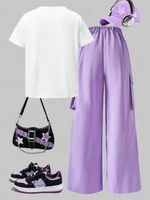 SHEIN ChillGRL 2 件套青少年女孩字母印花圆领 T 恤 + 工装裤，休闲街头风格 - 紫色 - 查看 2