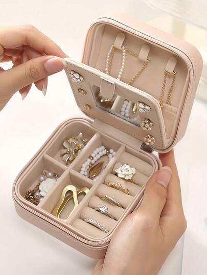 1 pieza Caja de almacenamiento de joyas de viaje, regalo para mujer, mini organizador de joyas, soporte para collares y aretes con espejo, artículo de viaje rosa, regalo para el Día de la Mujer, para vacaciones en la playa, colección de baño, colección de dormitorio, gran capacidad