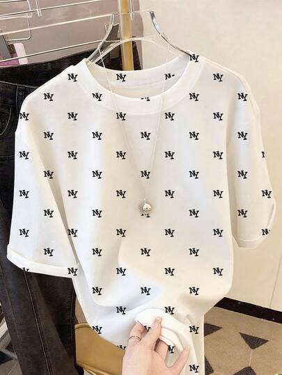 Resyla Women's Black NY Letter Print Loose Crew Neck Short Sleeve T-Shirt, Casual Summer Top, Black & White NY Letter Print Oversized Drop Shoulder T-Shirt, Elegant & Comfortable Design, Casual Outdoor T-Shirt