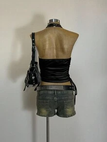 Attitoon Top Casual Vintage Punk Y2K Versátil para Festa, Aeroporto, Cruzeiro, Estampa Floral Inglesa, Confortável Top Casual com Cordão Lateral, Adequada para Outono/Inverno - Multicolorido - Visão 4