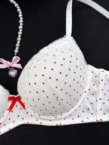 PetitDoll 1pc Cute & Sweet Heart Print Bow Decor Wire-Free Bra For Women - Red and White - View 7