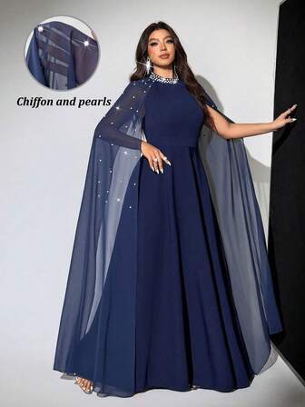 Viva Relle Plus Size Women's Elegant Romantic Luxurious Diamond Decor Chiffon Cape Dress, Autumn/Winter