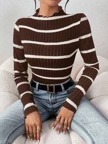 SHEIN Frenchy t-shirt ajusté à manches longues, col Mao rayé, style décontracté, automne pour femmes