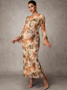 MaterniChic Tie-Dye Print Maternity Dress With Round Neck And Bell Sleeves Elegant Dresses Baby Shower Dress Pregnancy Photoshoot Dress Maternity Dress For Photoshoot Long Silk Dress Earth Tone Dress Dress Modest Modest Dress - Multicolor - View 4