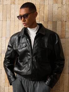 HIMLAND Men's Short Black Leather Jacket , Fall Winter - Black - View 1
