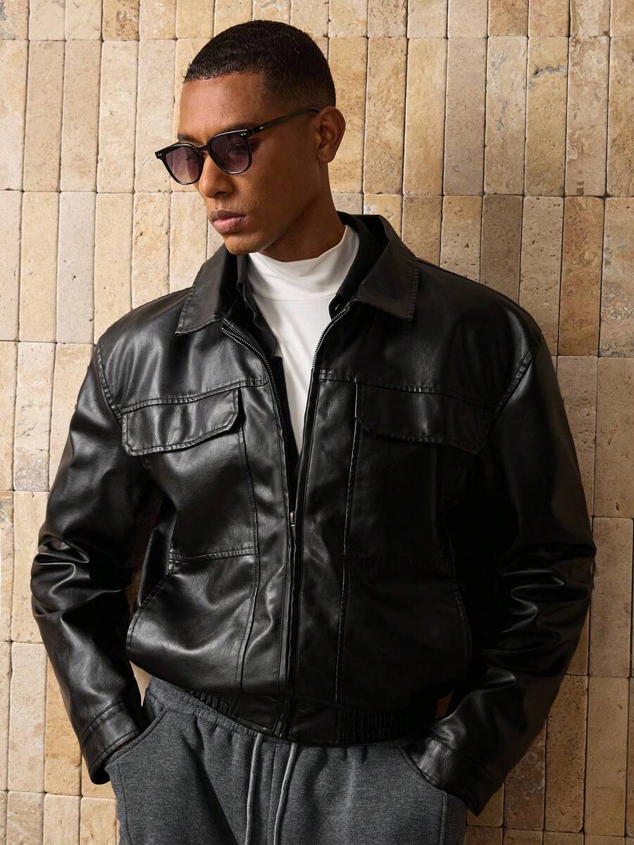 HIMLAND Men's Short Black Leather Jacket , Fall Winter - Black - View 1