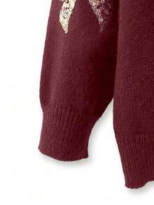 SHEIN Clasi Plus Size Women Elegant Bow Beaded Embroidered Pullover Sweater - Burgundy - View 6