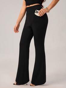 SHEIN Tall High Waist Slant Pocket Flare Leg Pants - Black - View 6