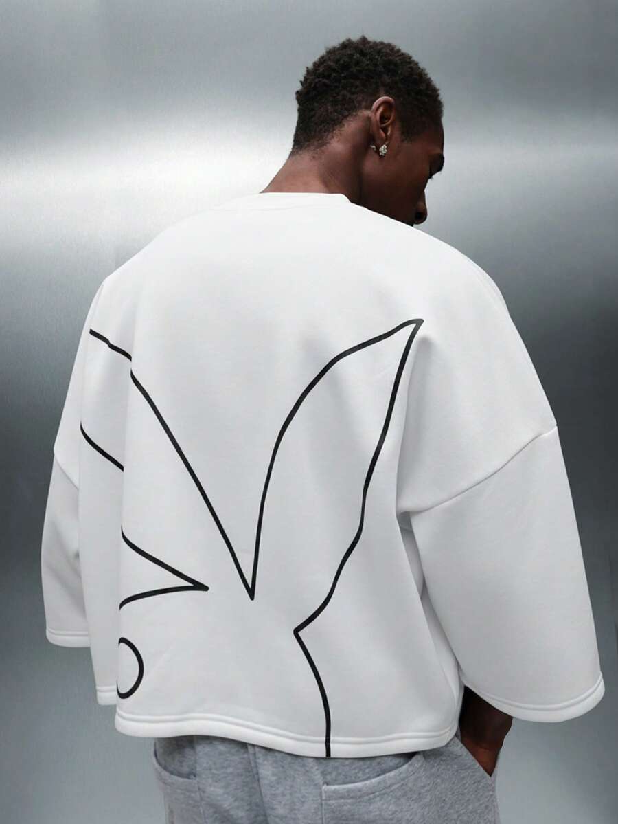 PLAYBOY X SUMWON 宽松廓形宽袖圆领卫衣，冬季舒适休闲套头衫 - 白色 - 查看 1