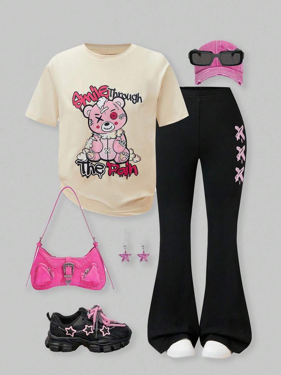 SHEIN ChillGRL 2pcs/Set Tween Girl Casual Street Style Bear Graphic Short Sleeve T-Shirt & Flare Pants Set - Multicolor - View 1