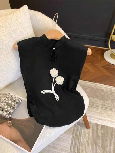 SHEIN Clasi 女士中国风3D花朵镂空领T恤，夏季