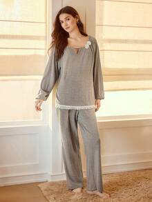 MOTF PREMIUM STEREO FLORAL LANTERN SLEEVE TOP & PANTS LOUNGE SET - Coffee Brown - View 4