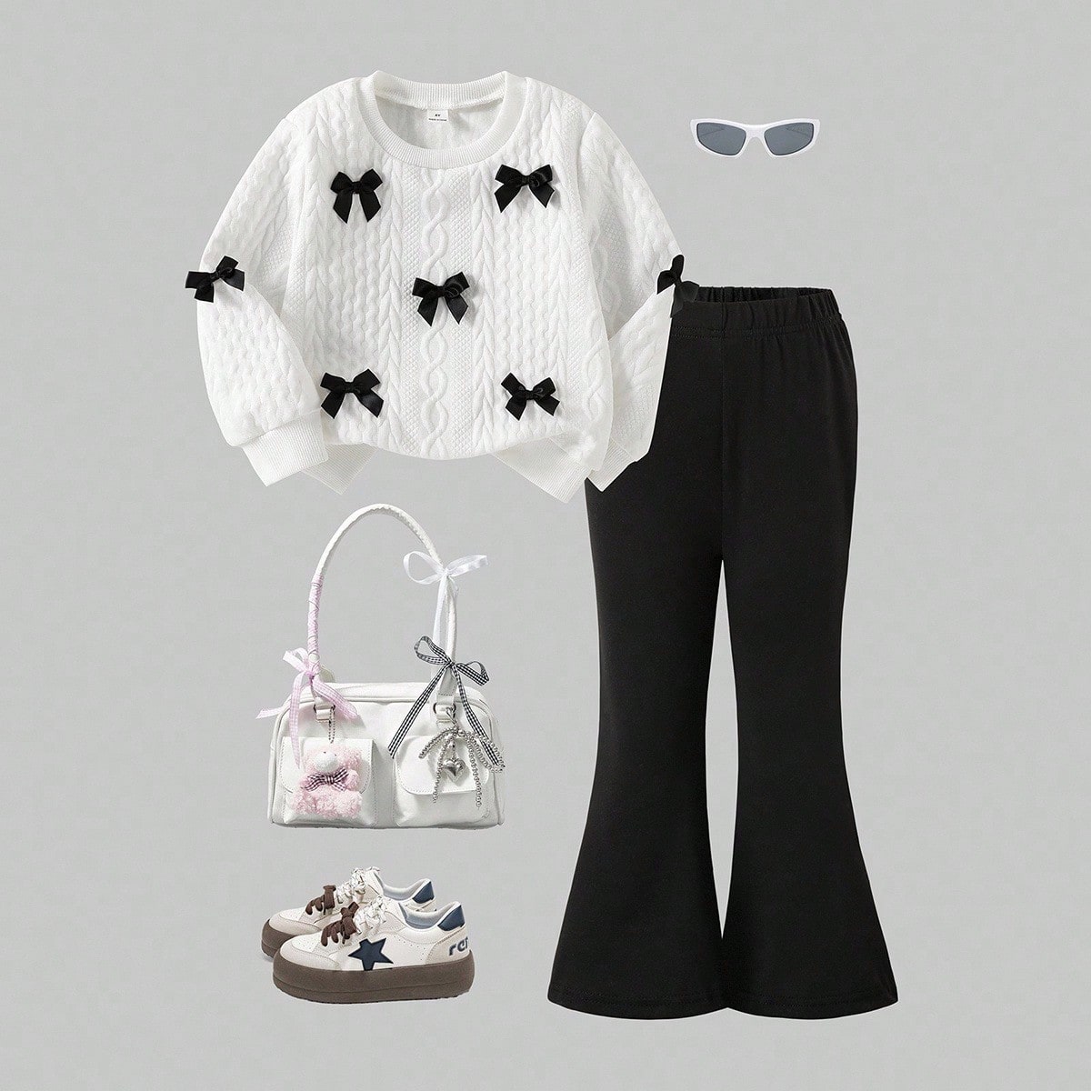 Conjunto de 2 piezas de sudadera con lazo de unicolor y pantalones acampanados para niñas, conjunto lindo y dulce para uso al aire libre, casual, vac