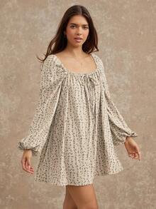 WESTFADE Robe mini ample à manches bouffantes longues, col carré, nœud papillon, imprimé floral en velours côtelé. Tenue décontractée et bohème pour l'automne, l'hiver, les concerts country, le style western pour femmes.