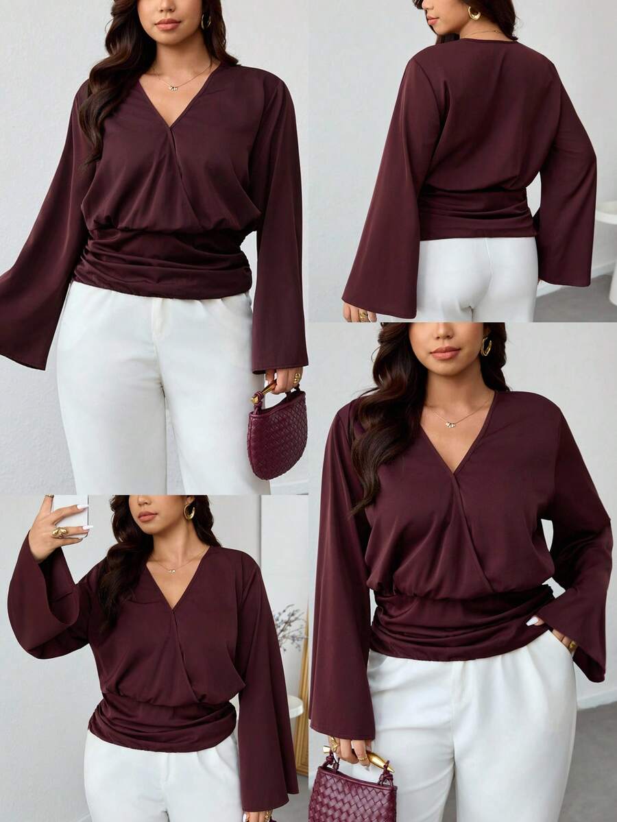 Firerie Áo sơ mi tay chuông màu trơn thanh lịch cỡ lớn dành cho người đi làm - Màu Đỏ Sâu - Xem 1