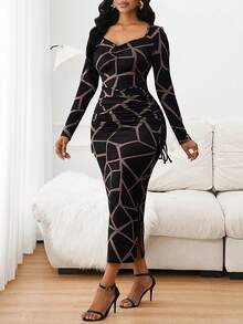 SHEIN Lady Robe ajustée avec encolure en cœur, imprimé géométrique élégant et cordon de serrage sur le côté pour femmes