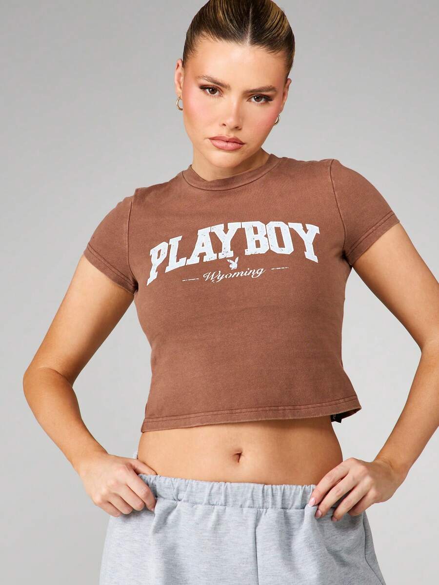 Missguided x Playboy Washed Baby Tee With Wyoming Chest Print Short Sleeve Crew Neck Cotton Blend Graphic Top - Brown - View 1