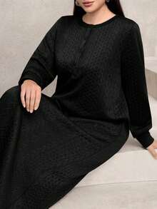 Modelyn Plus Size Women Casual Textured Fabric Round Neck Loose Long Sweatshirt, Green, Autumn/Winter - Black - View 3