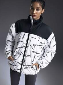 Powerista Women's Thermal Lined Letter Patchwork Sports Jacket, Autumn/Winter - Black and White - View 7