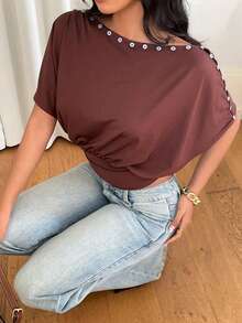 Siren Gaze Áo nữ ngắn tay thời trang màu trơn, thiết kế xếp ly, cài nút, có thể mặc theo nhiều kiểu, thích hợp đi chơi, đi biển, ngày Valentine, mùa xuân, màu nâu, phong cách Y2K, mùa hè thường ngày. - màu nâu - Xem 8