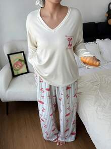 Dream Adore Plus Size Cherry Print V-Neck Long Sleeve Pajama Set Cherry Pajama Set Pajamas Set For Woman - Multicolor - View 4