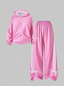 SHEIN ChillGRL Bộ 2 món phong cách đường phố dành cho thanh thiếu niên, gồm áo khoác có mũ kéo khóa in họa tiết và quần ống đứng in nơ & sọc, trang phục thường ngày phong cách đường phố, phù hợp cho mùa xuân/thu, đi làm, thể thao, đi học. - Hồng - Xem 5